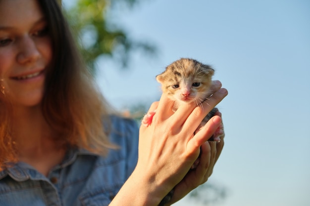 Gatinho recém-nascido nas mãos do adolescente, jardim de céu de natureza de fundo