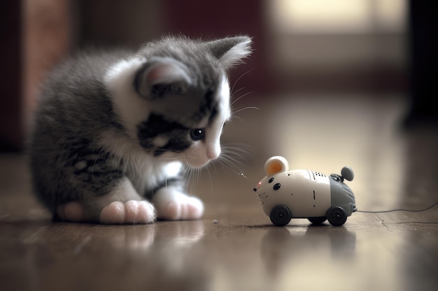 Gatinho robótico brincando com rato de brinquedo no chão