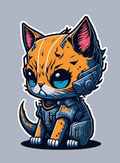 Gatinho robótico dinâmico HighDetail StickerStyle TShirt Art em design Kawaii