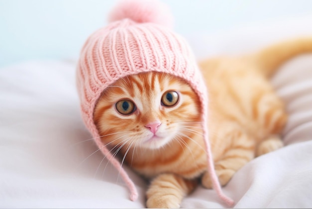 Gatinho ruivo com chapéu de malha rosa na cama Generative AI