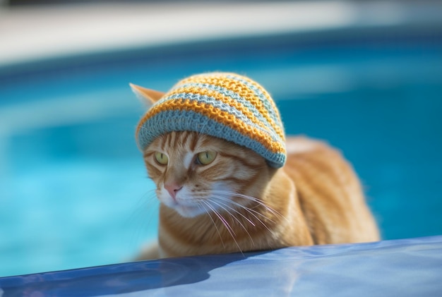 Gatinho ruivo com gorro volumoso ao lado da piscina Generative AI