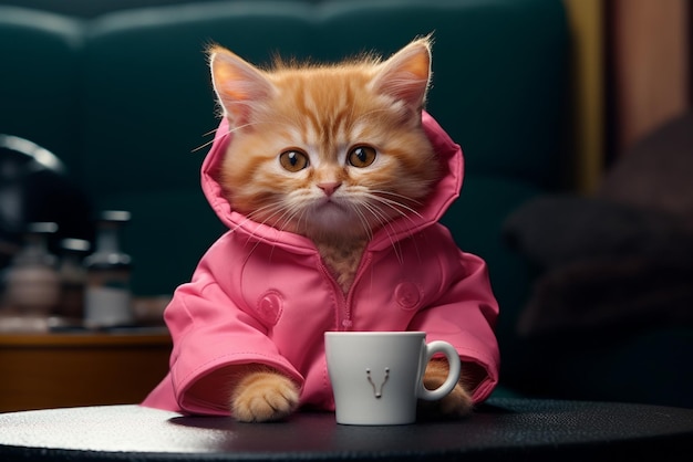 Gatinho ruivo fofo com uma jaqueta rosa com uma xícara de café