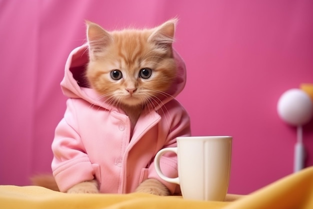 Gatinho ruivo fofo com uma jaqueta rosa com uma xícara de café