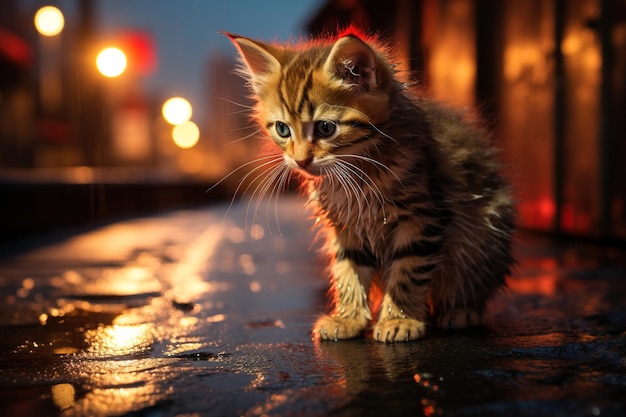 Gatinho ruivo triste e triste ao ar livre, gato animal sem-teto, solitário, à noite