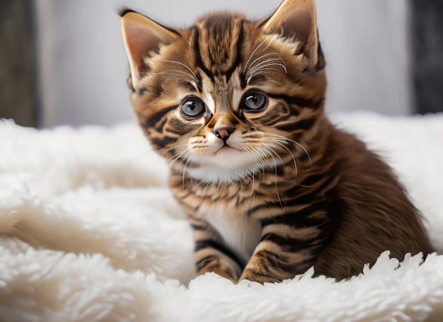 Foto gatinho sentado em um cobertor branco fofo