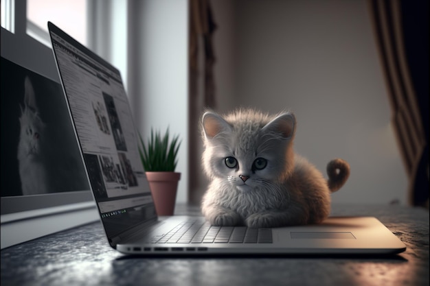 Gatinho sentado em um lap top na sala de estudo