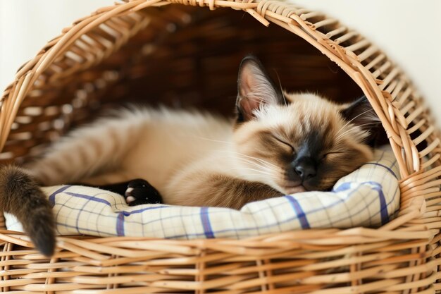 Gatinho siamês adormecendo em uma caixa oval de vime