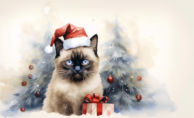 Foto gatinho siamês bonito em chapéu de papai noel em fundo de natal