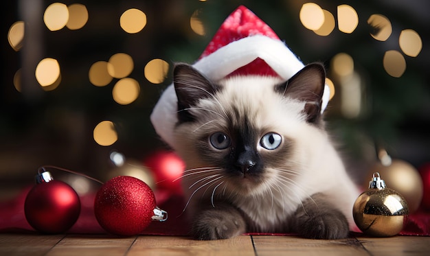 Foto gatinho siamês bonito em chapéu de papai noel em fundo de natal