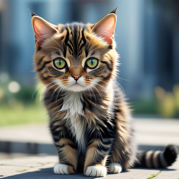 Gatinho siberiano sentado na rua e olhando para a câmera