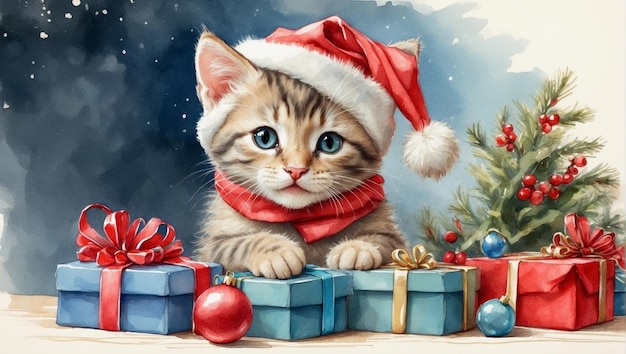 Foto gatinho tabby entre os presentes de natal