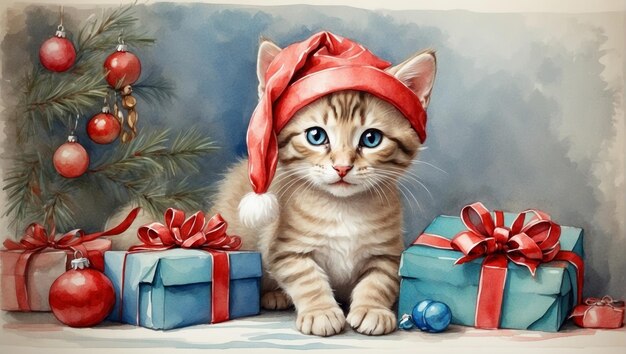 Foto gatinho tabby entre os presentes de natal