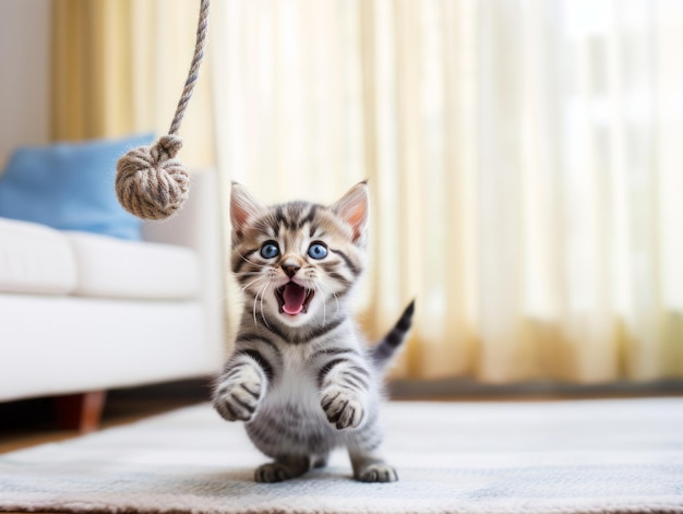 Gatinho travesso batendo de brincadeira em um brinquedo pendurado