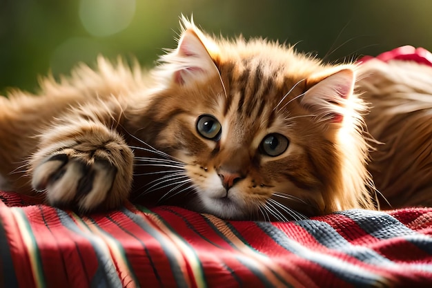 Gatinho vermelho bonito dorme no cobertor branco de pele gatinho dormindo no cobertor de lã xadrez cinza com