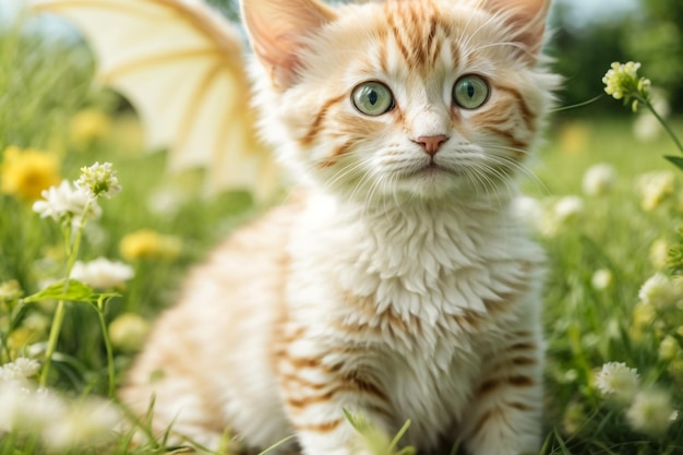 gatinho vermelho com olhos azuis sentado em uma mesa de madeira contra o bokeh verde do verão