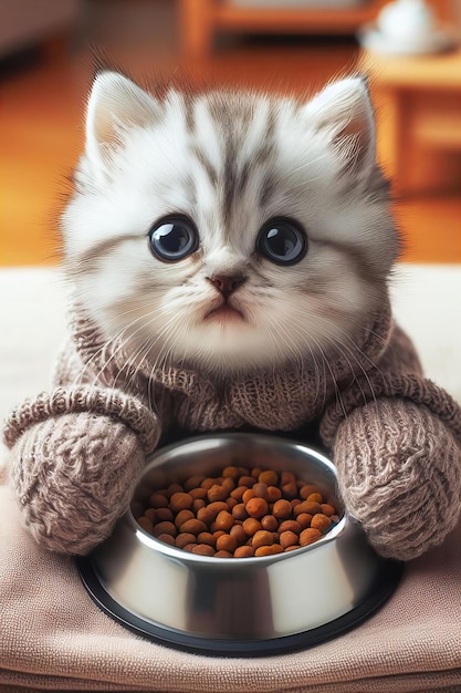 Foto gatinho vestindo um suéter e segurando uma tigela de comida