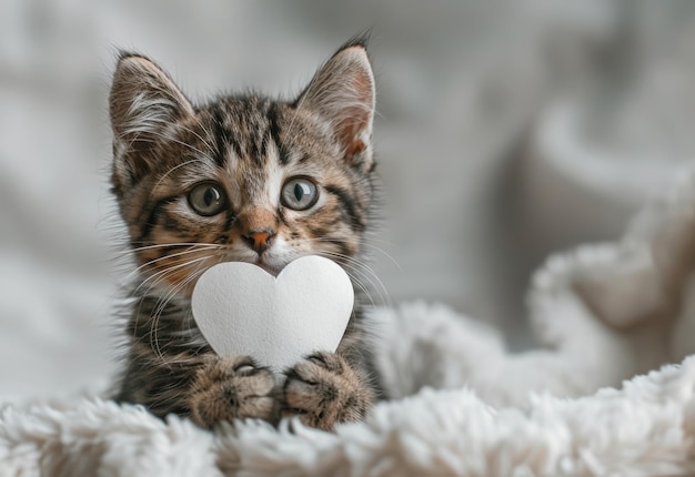 Gatinhos abraçam ternamente um amigo de bigode com um coração branco