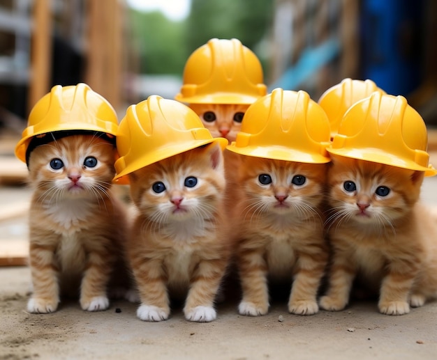 Gatinhos adoráveis em chapéus de construção IA generativa