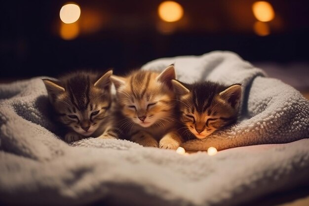 Gatinhos adoráveis num cobertor na cama à noite Inteligência Artificial Gerativa