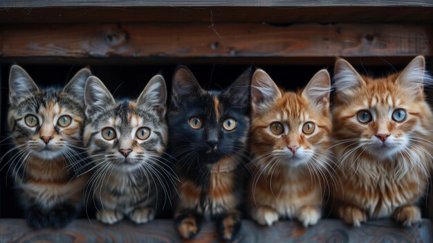 Gatinhos atentos em uma fila Retrato encantador de felino