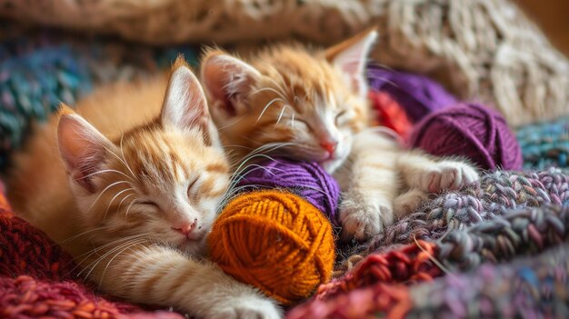 Gatinhos bonitos a aconchegar-se com bolas de fio coloridas