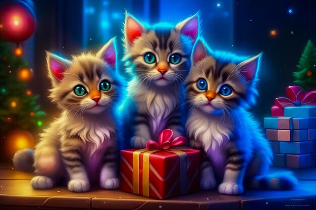 Gatinhos bonitos com presentes de Natal num interior festivo