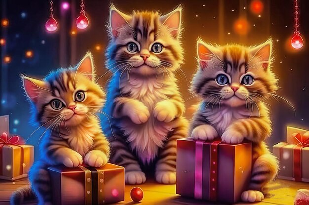 Gatinhos bonitos com presentes de Natal num interior festivo