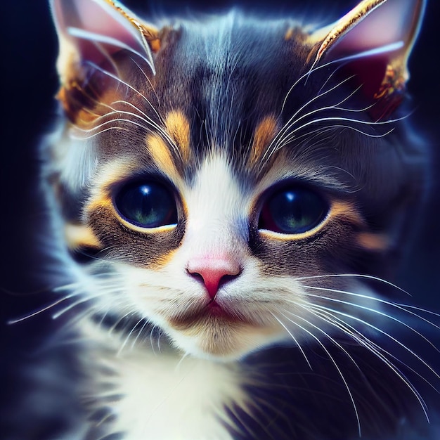 Gatinhos bonitos e fofos em ilustração digital realista. Gato bebê de rosto frontal com iluminação agradável.