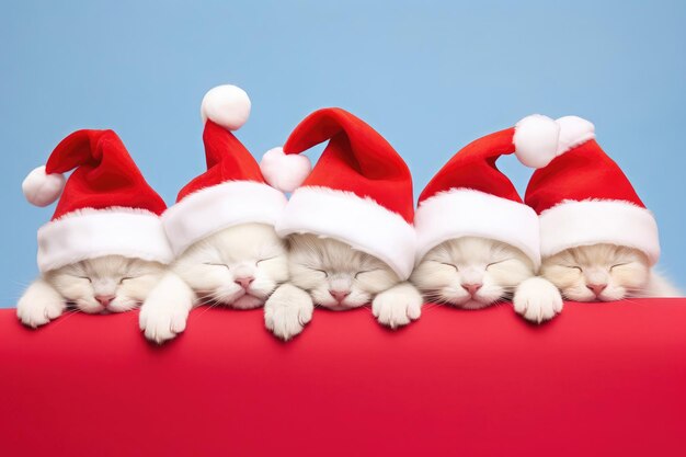 Foto gatinhos bonitos em chapéu de papai noel dormindo em fundo vermelho-azul