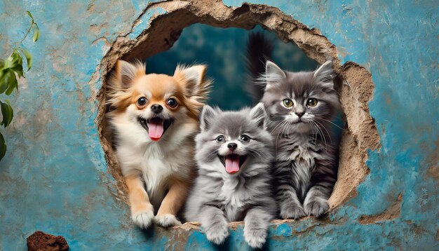 Gatinhos engraçados e cães sorridente em fundo azul da moda