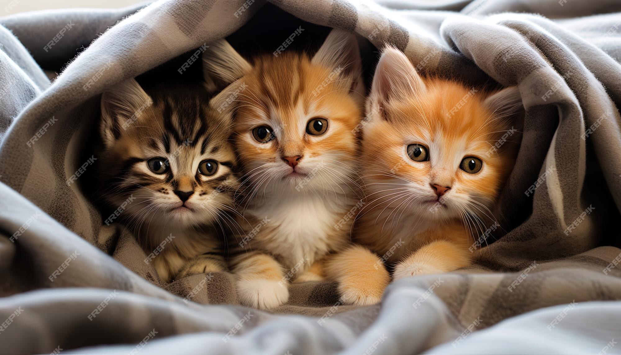 Gatinhos fofos participando de um jogo dentro do forte de cobertores  enquanto desfrutam de seu esconderijo confortável