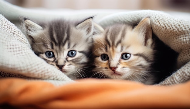 Gatinhos fofos participando de um jogo dentro do forte de cobertores enquanto desfrutam de seu esconderijo confortável