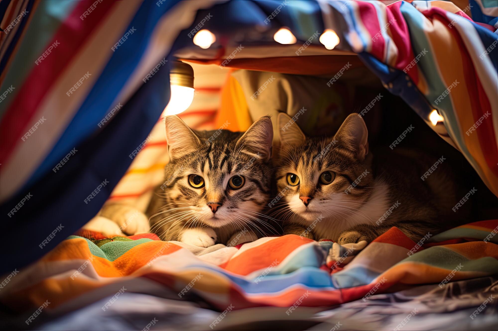 Gatinhos fofos participando de um jogo dentro do forte de cobertores  enquanto desfrutam de seu esconderijo confortável