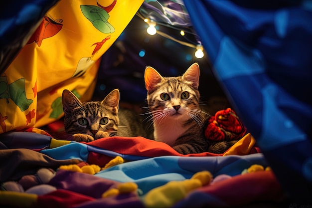 Gatinhos fofos participando de um jogo dentro do forte de cobertores  enquanto desfrutam de seu esconderijo confortável