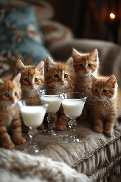 Gatinhos vermelhos estão sentados no sofá com milkshakes