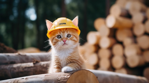 Un gatito adorable con un casco de seguridad amarillo sentado en una pila de troncos en un sitio de construcción añadiendo