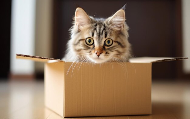 Foto un gatito adorable se esconde jugoso en una caja de cartón