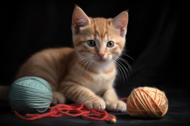 Un gatito adorable jugando con una bola de hilo creada con IA generativa