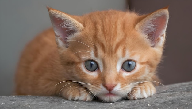un gatito amarillo con ojos azules acostado en el suelo