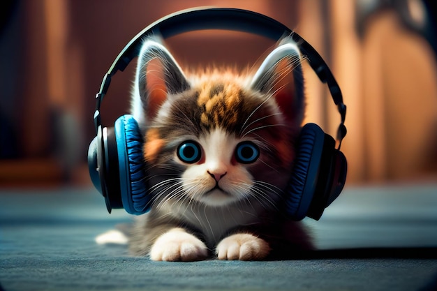 Gatito con auriculares Lindo gatito de dibujos animados Generativo AIxA