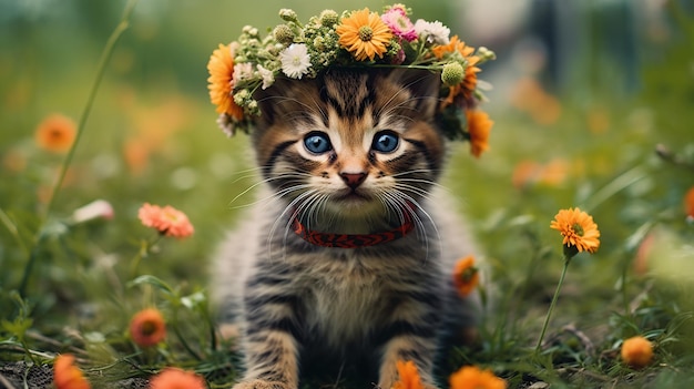 Gatito bebé con una corona de flores IA generativa