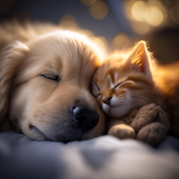 Un gatito y un bebé golden retriever duermen juntos