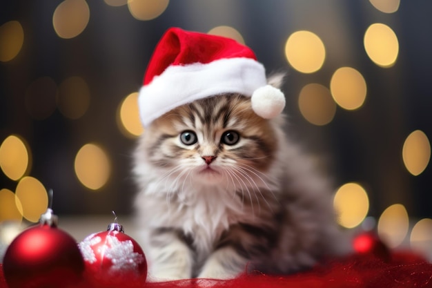 gatito bebé en sombrero de Navidad rojo en casa con decoraciones de Navidad