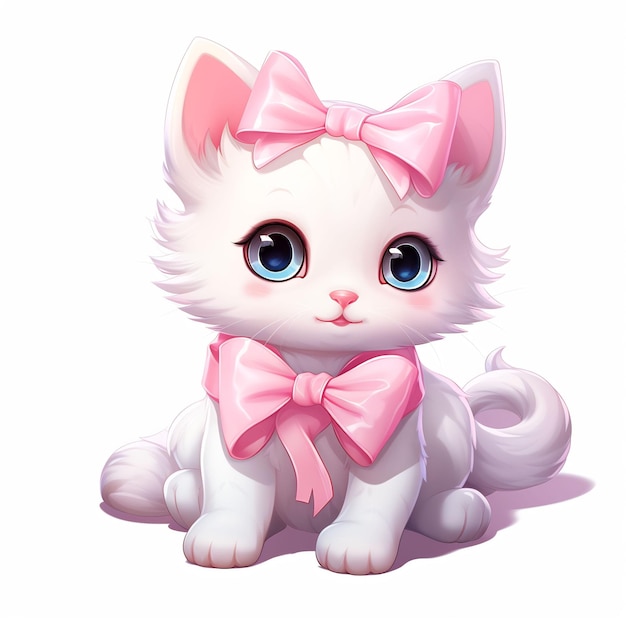 un gatito blanco con un arco rosado y un arco rosa