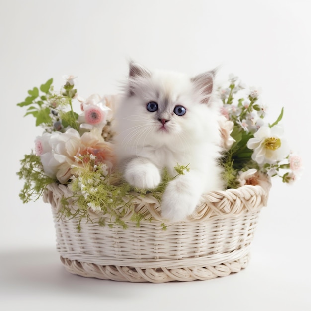Un gatito blanco en una canasta con flores.