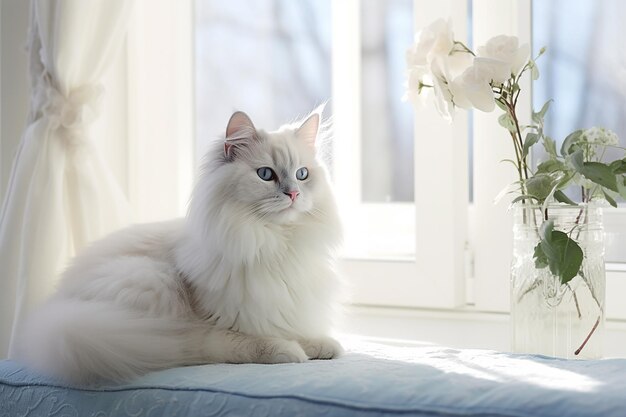 Gatito blanco esponjoso con ojos azules