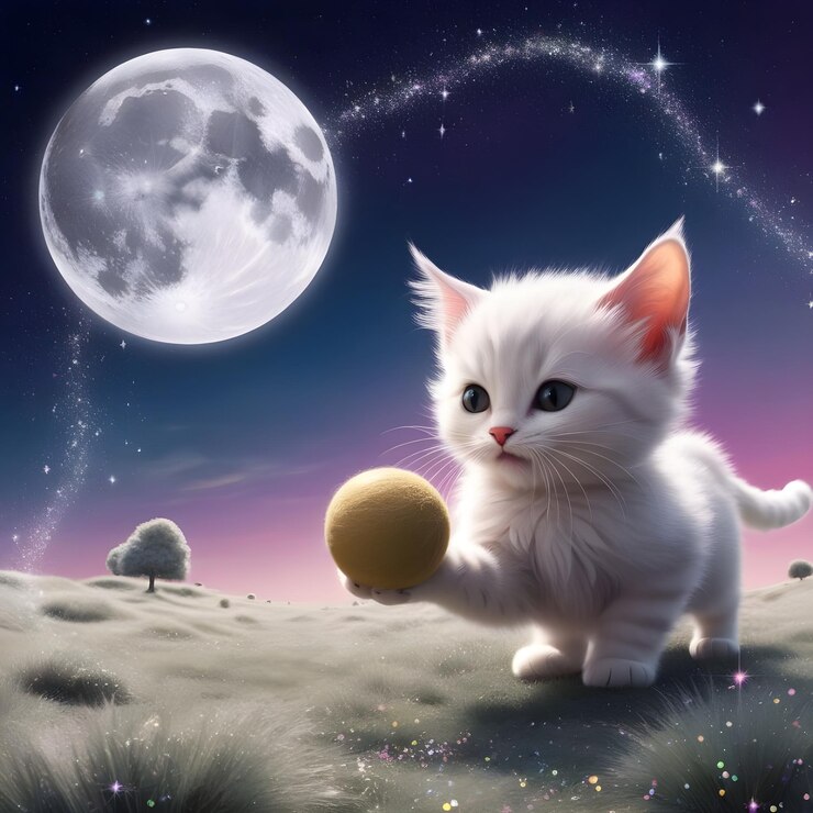 un gatito blanco está de pie en la hierba con una pelota delante de él