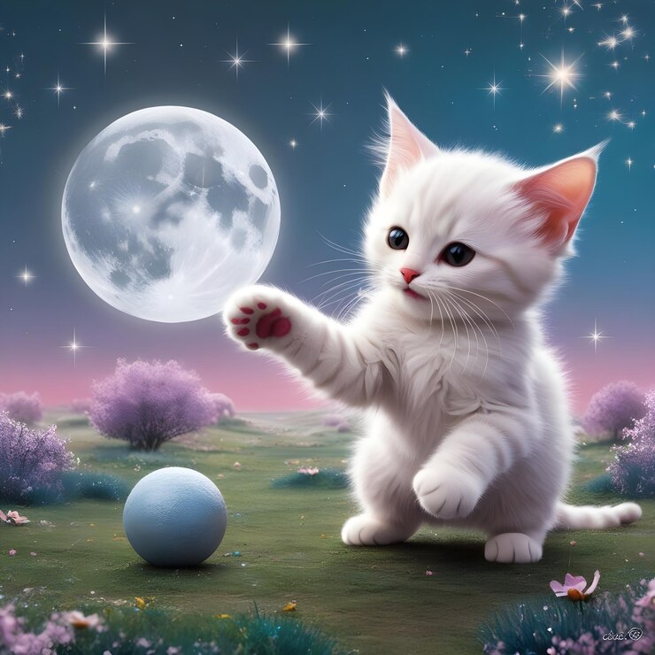 un gatito blanco está de pie en la hierba con una pelota delante de él