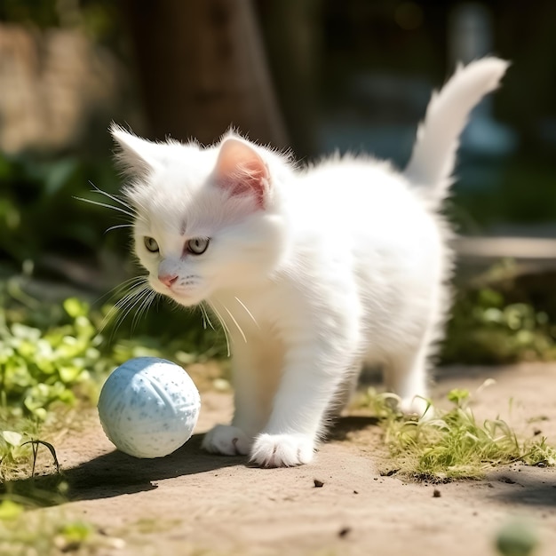 Un gatito blanco jugando con una pelota de golf.