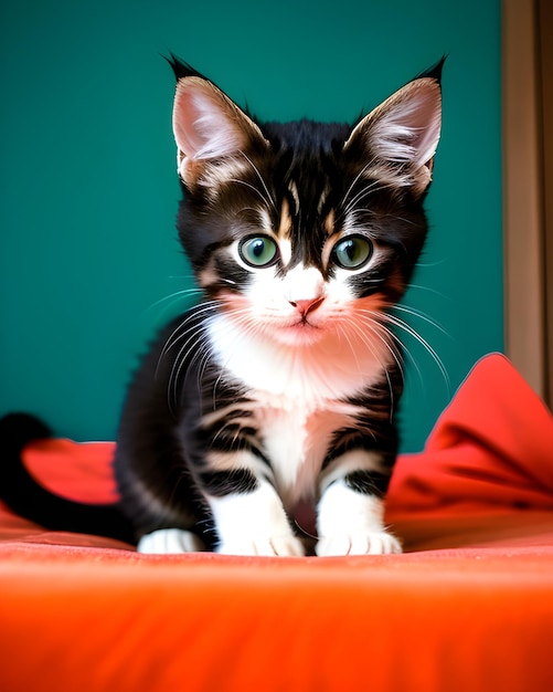 un gatito blanco y negro con ojos verdes se sienta sobre una almohada roja.